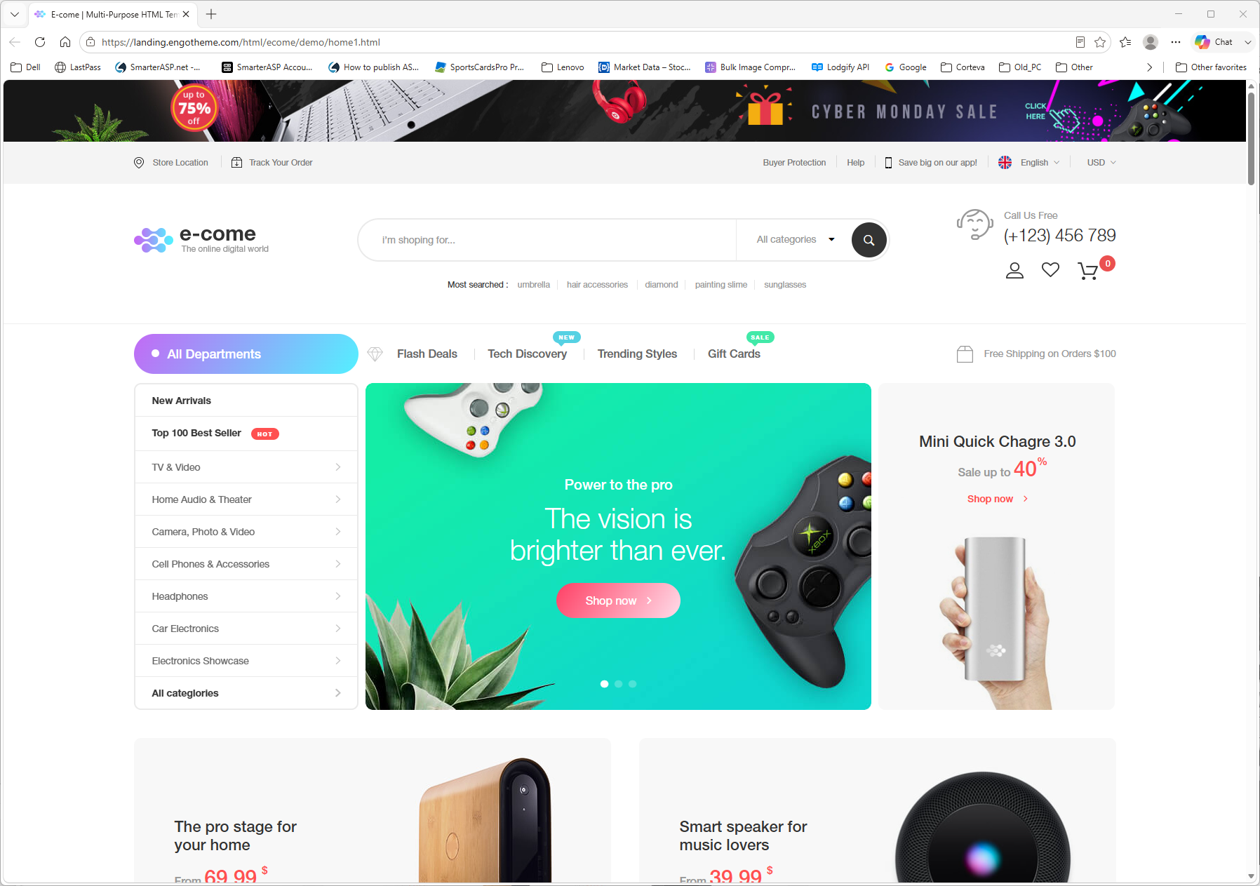 Example e-commerce storefront with a colorful promotional hero banner and product carousel